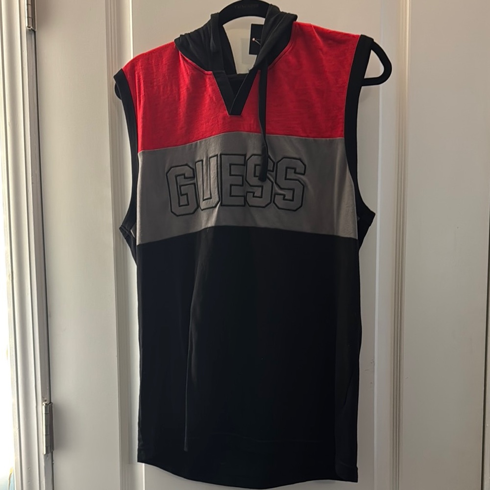 Guess Red, Gray, and Black Sleeveless Hoodie